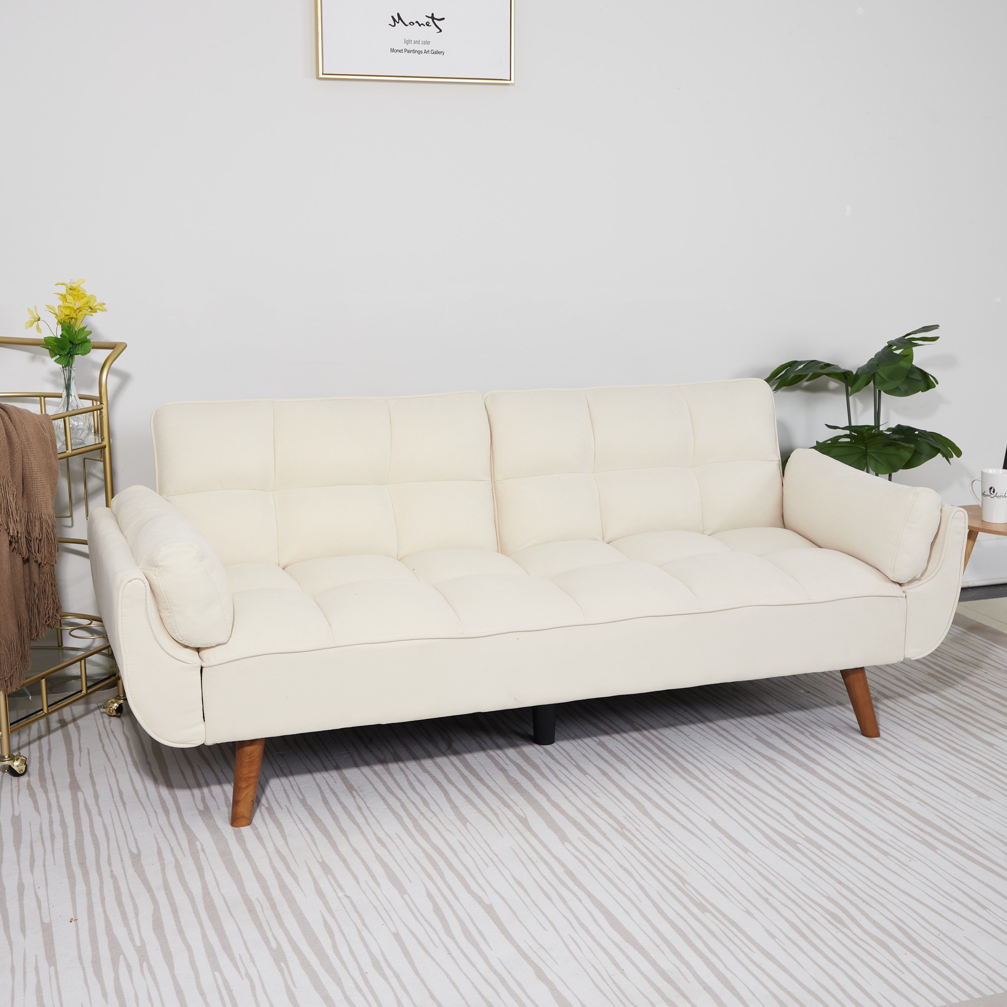 Gewnee Mid-Century Modern Beige Sofa - Solid Eucalyptus Wood Frame, 500 lbs Capacity, S-Shaped Springs for Apartments, Living Rooms, Studies