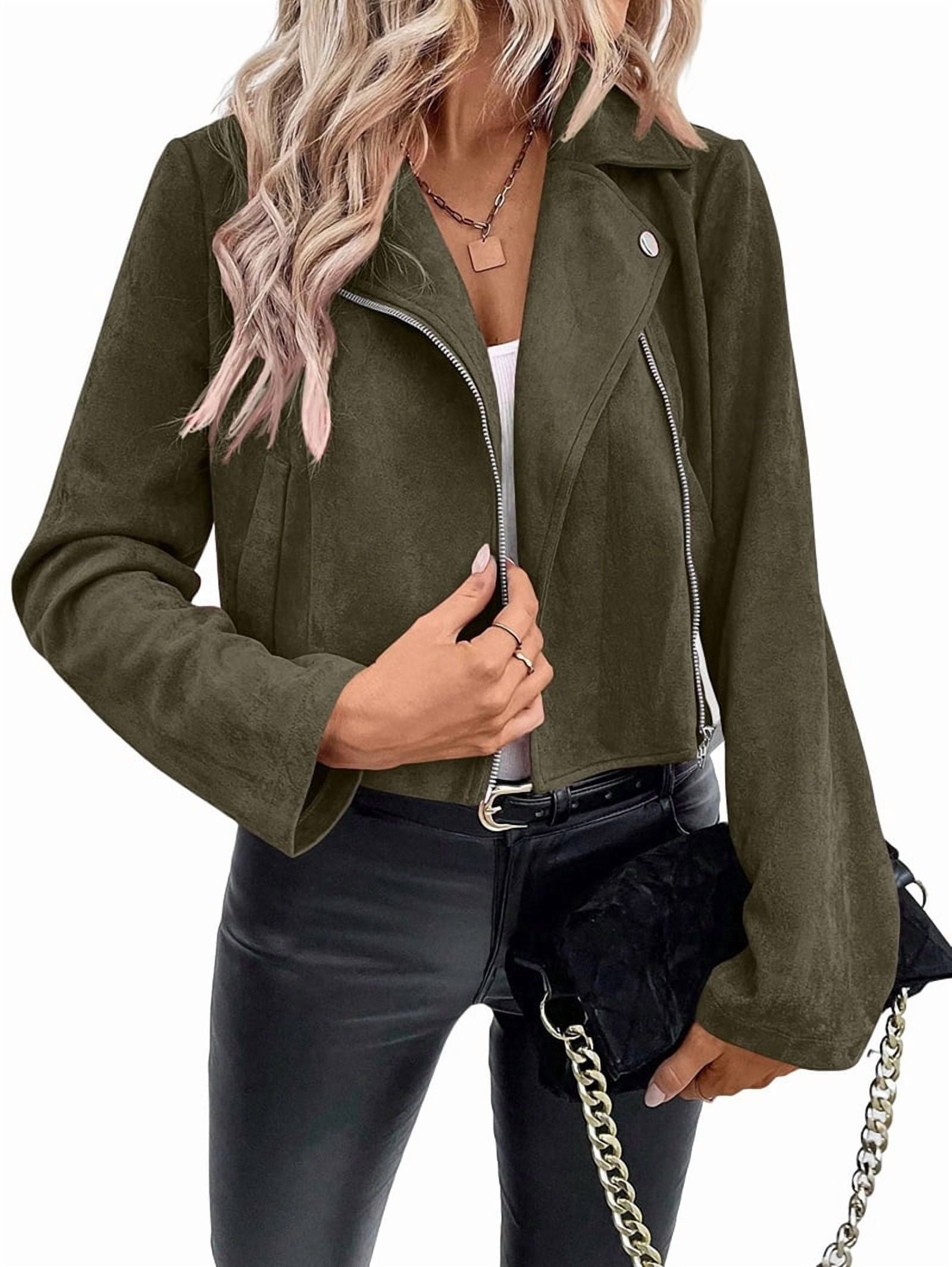 Women'S Cropped Zipper Long Sleeve Suede Faux Leather Blazer Jacket Autumn Fashion Outerwear Green M