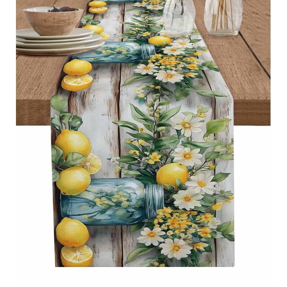 Tropical Lemon Summer Table Runner 48 Inches, Rustic Botanical Wooden Bed Runner Dresser Scarves Tabletop for Indoor Outdoor Parties/Ceremony/Banquet, 13" x 48"