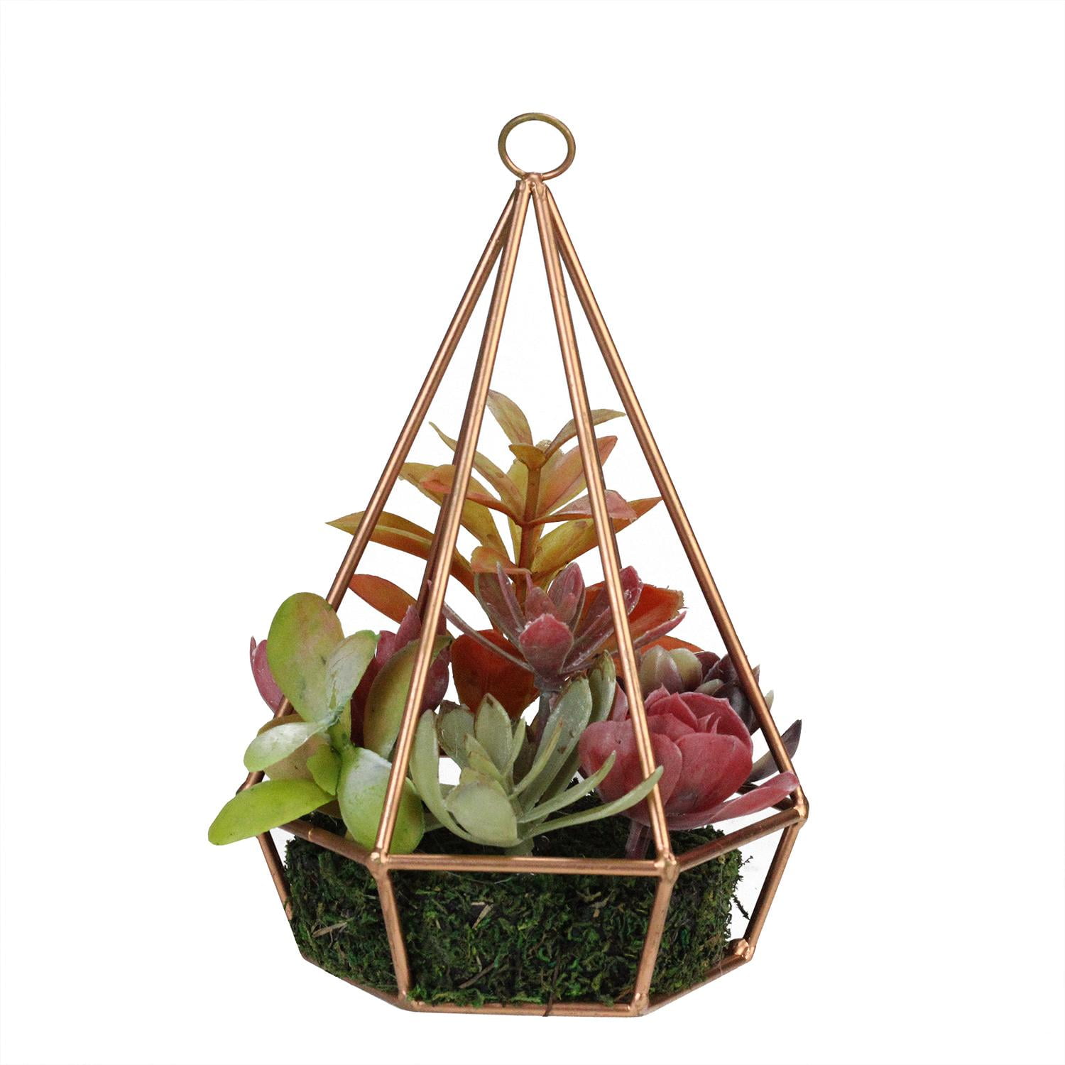 Northlight 9" Artificial Plant Succulents Arrangement in 6-Sided Copper Metal Wire Frame