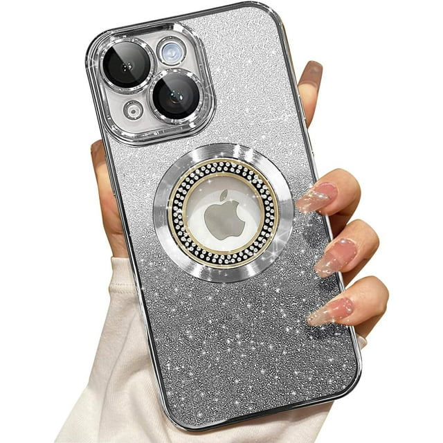Funda magnética MagSafe para iPhone 13, protección total, delgada, a prueba de golpes, antiarañazos, con purpurina y protector de lente de cámara, vista del logotipo y a prueba de polvo