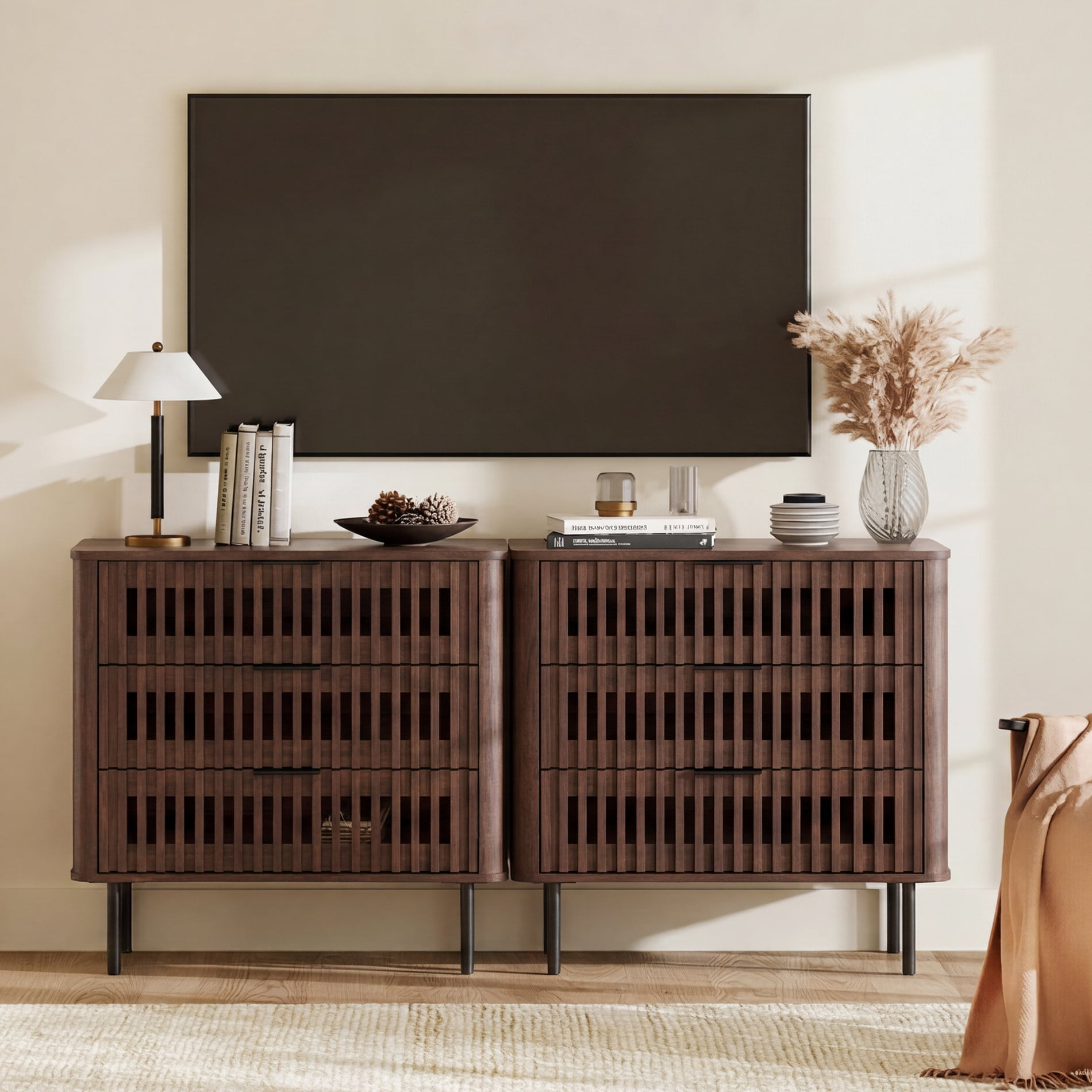 63"W Sideboard Buffet Cabinet with Storage, Fluted Kitchen Buffet Storage Cabinet with 6 Drawer, Large Coffee Bar Cabinet, Modern Buffet Table for Dining Living Room, Walnut