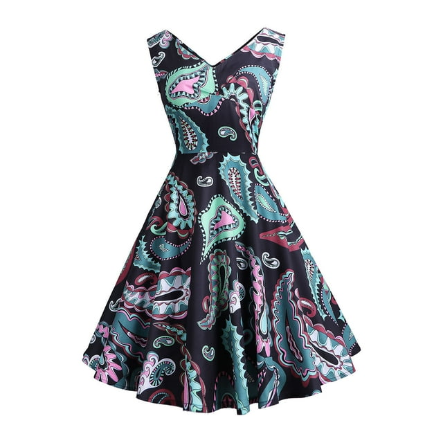 EGNMCR Robes de Soirée pour Femmes, Robes Formelles pour Femmes, Robes de Cocktail pour Femmes Sans Manches à Col en V Mi-Mollet Robe Confortable d'Été pour Femmes Sans Manches à Col en V Vintage Régulière à Imprimé Robe de Fête Robe pour Femme