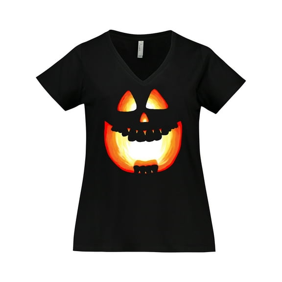 Inktastic Toothy Grin Pumpkin Face in Orange Glow Women's Plus Size V-Neck T-Shirt
