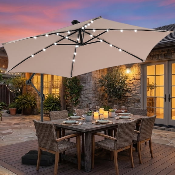 Autlaycil 10FT Cantilever Patio Umbrella with Lights, Outdoor Hanging Offset Umbrella and Base, Tilt - Beige