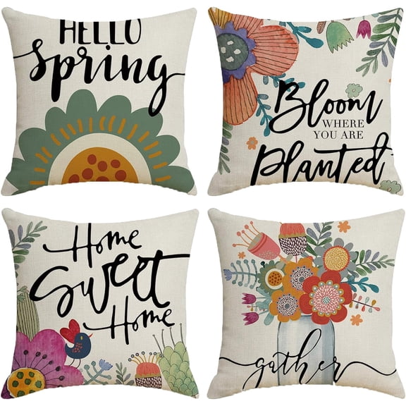 Spring Throw Pillow Cover Flower Garden - 18 x 18 Blossom Plant Pillow Cushion Case - 4 Pack Linen Square Colourful Pillow Cushion Cover, Great for Couch, Chair, Yard, Living Room，Home Decor