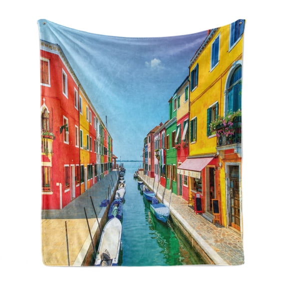 City Love Soft Flannel Fleece Throw Blanket, Sea View with Colorful Buildings Urban Life Composition with Boats Photography, Cozy Plush for Indoor and Outdoor Use, 60" x 80", Multicolor, by Ambesonne