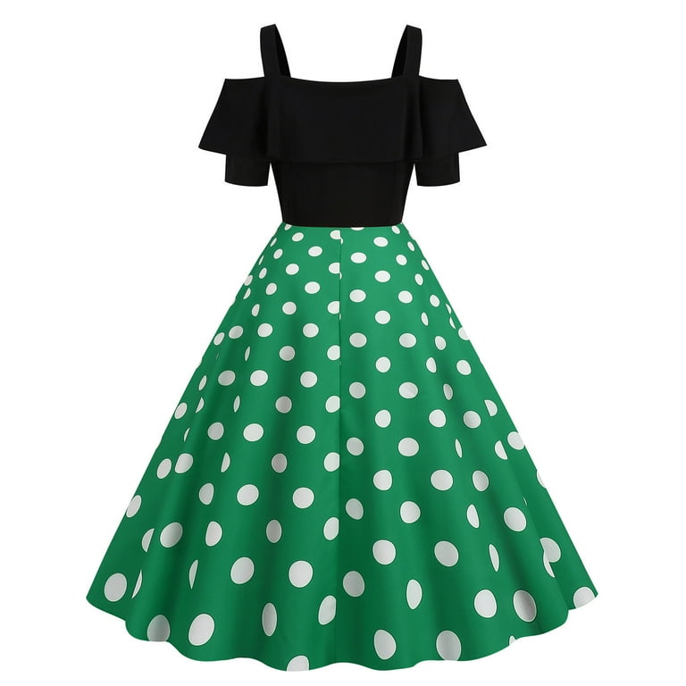 Gaecuw Vintage Dress Women Off Shoulder Neck Short Sleeve Retro Dresses Below the Knee Midi Dresses A Line Party Ruffle Linen Dress Casual Semi Formal Dress Polka Dot Prom Wedding Guest Dresses