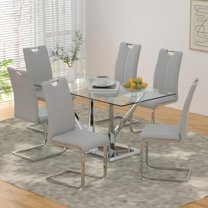 Sumdeal 5/7-Piece Modern Dining Set, 63-inch Rectangular Glass-Top Dining Table with 4/6 Upholstered PU Leather Chairs in Luxe Colors, Suitable for Kitchens and Dining Rooms