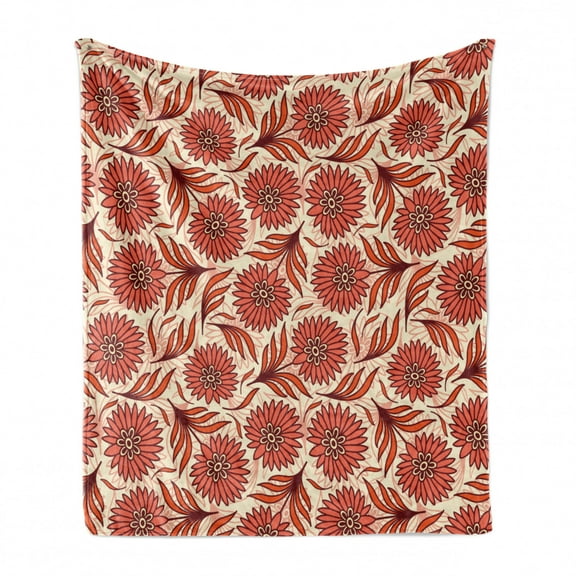 Coral Soft Flannel Fleece Throw Blanket, Nostalgic Pattern with Gerbera Remembering the Freshness of Summer, Cozy Plush for Indoor and Outdoor Use, 50" x 60", Dark Coral Vermilion, by Ambesonne