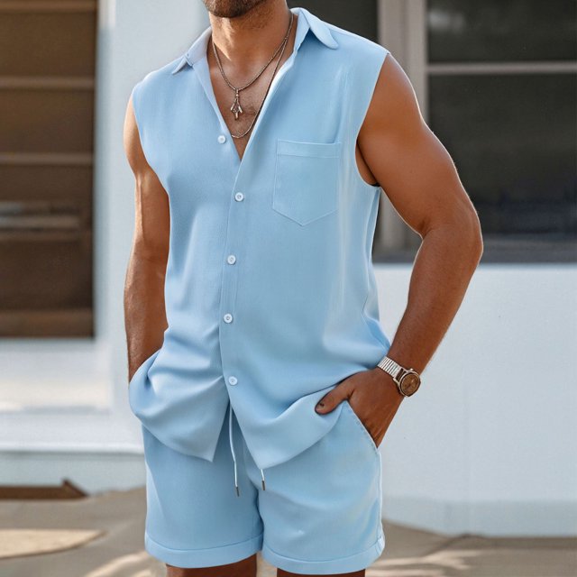 Styesk Ensembles pour Hommes 2 Pcs Été Tenue Décontractée pour Hommes Mode Couleur Unie Sans Manches Col Bouton Poche Complet