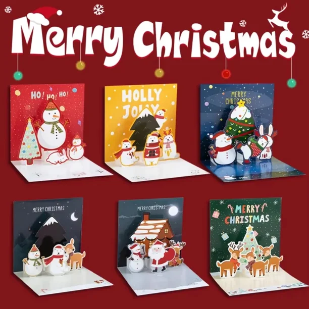 Tarjetas de felicitación navideñas Pop-UP 3D con sobre, 5/1 piezas, tarjeta postal de bendición familiar, cumpleaños, Año Nuevo, decoración navideña