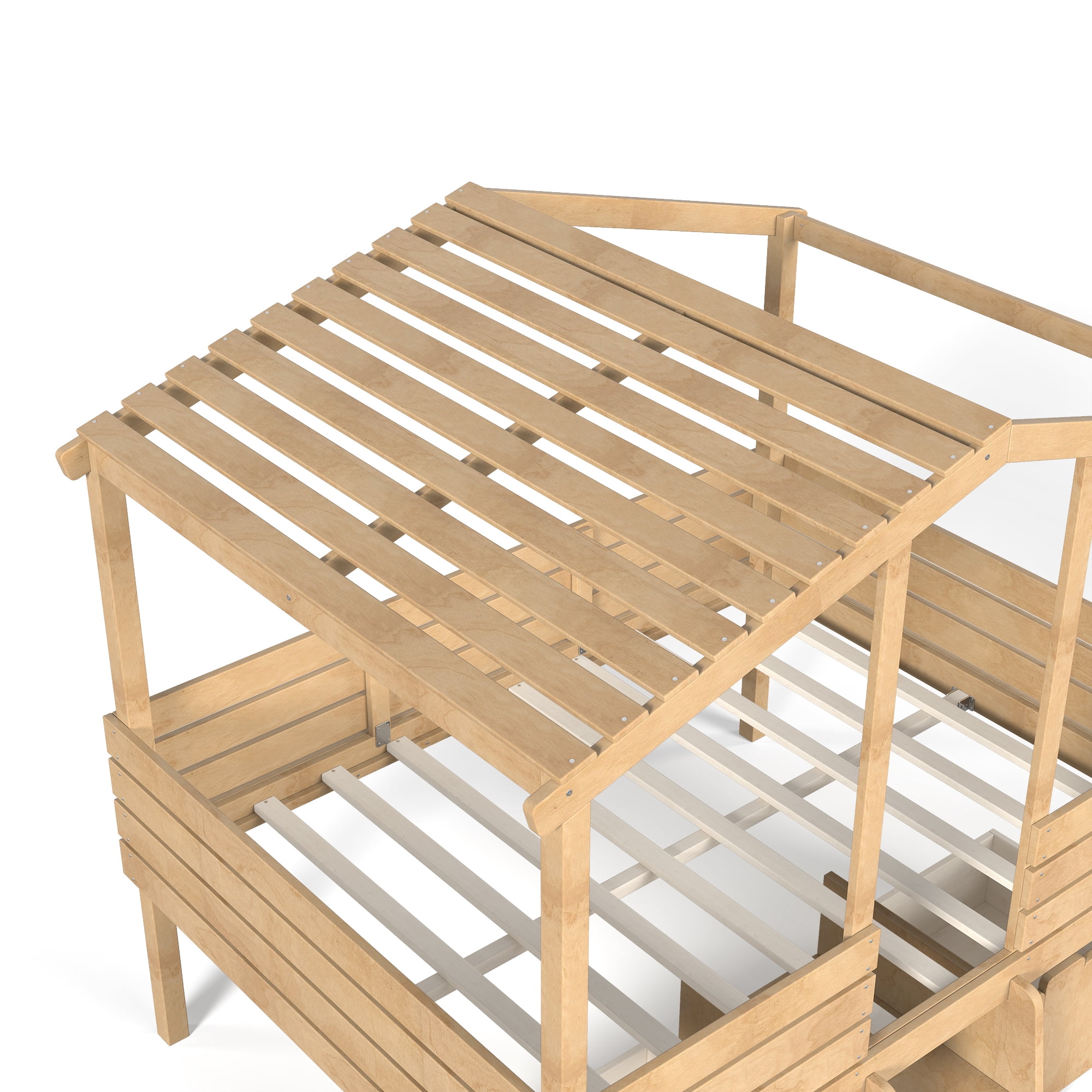 HOQBN House Loft Bed Full Size,Low Loft Bed with Stairs and 2 Big Storage Drawers,Farmhouse Style Bed Frame with House Shaped Roof,Natural