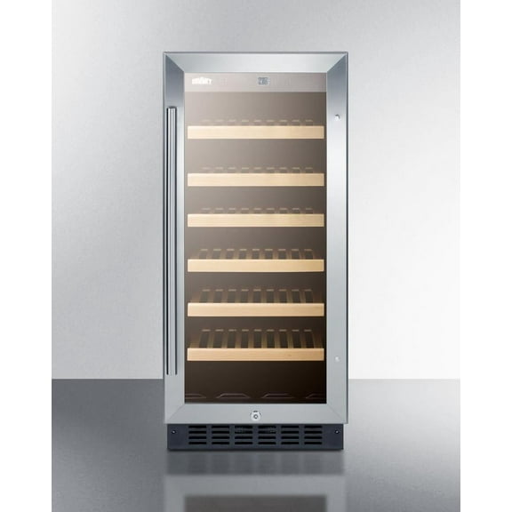 15 Inches wide wine cellar for built-in or freestanding use, with stainless steel wrapped cabinet, glass door, and lock