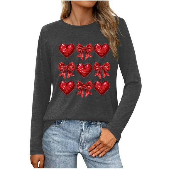 Valentine's Day Tshirts for Womens Bow Heart Graphic Long Sleeve Shirt Cute Holiday Tops Basic Tees