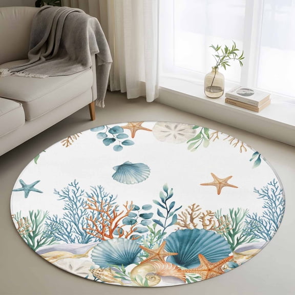 Round Rugs 3Ft, Teal Blue Coastal Round Area Rug Washable Indoor Throw Carpet, Summer Beach Starfish Shell Coral Nautical Small Non Slip Circle Rug for Bedroom Living Room Home Decor Aesthetic