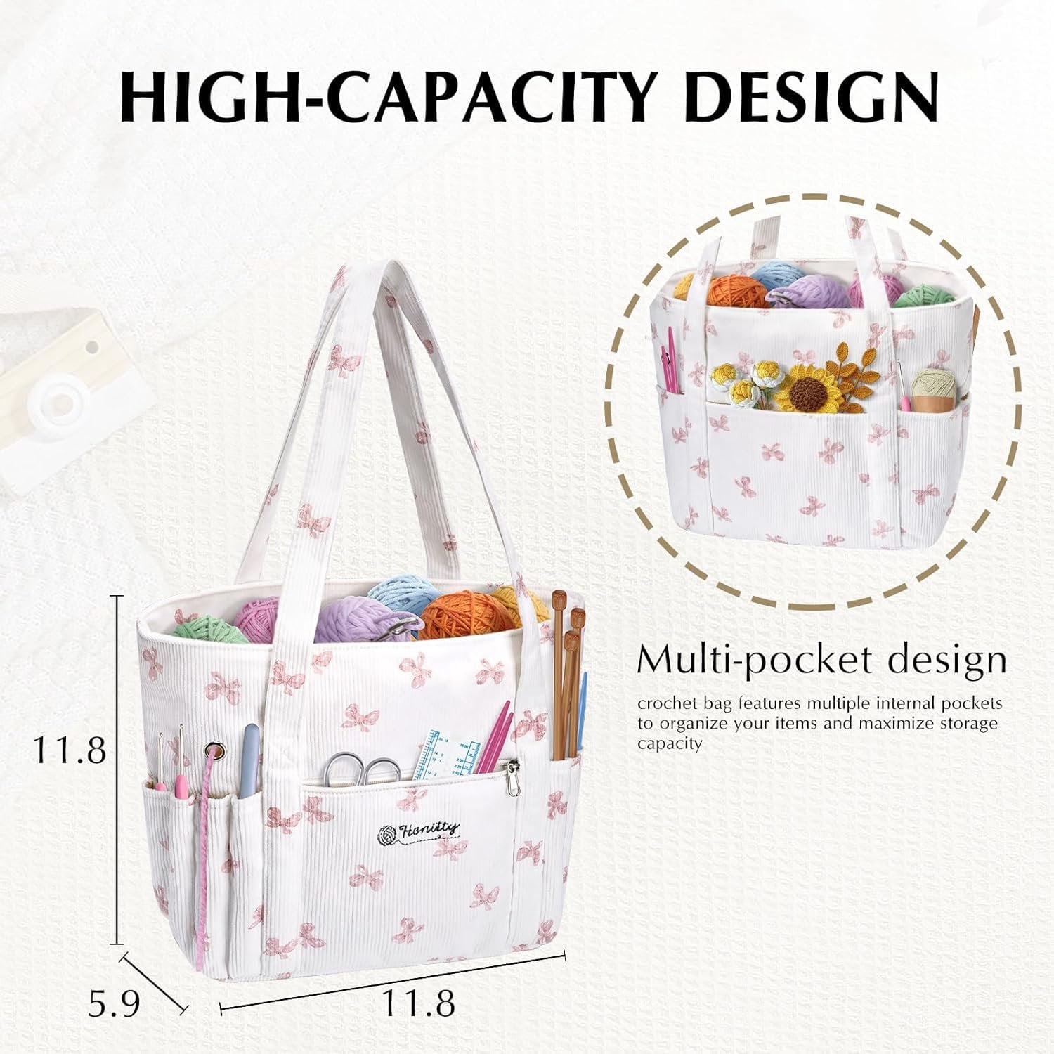 Crochet Bag, Corduroy Tote Bags with  Holders Grommets, Large Capacity Four Compartment Yarn Storage for Women