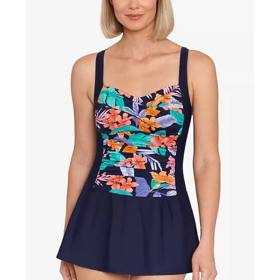 Swim Solutions HAVANA NIGHTS Colorblocked Tummy-Control Swimdress, US 18