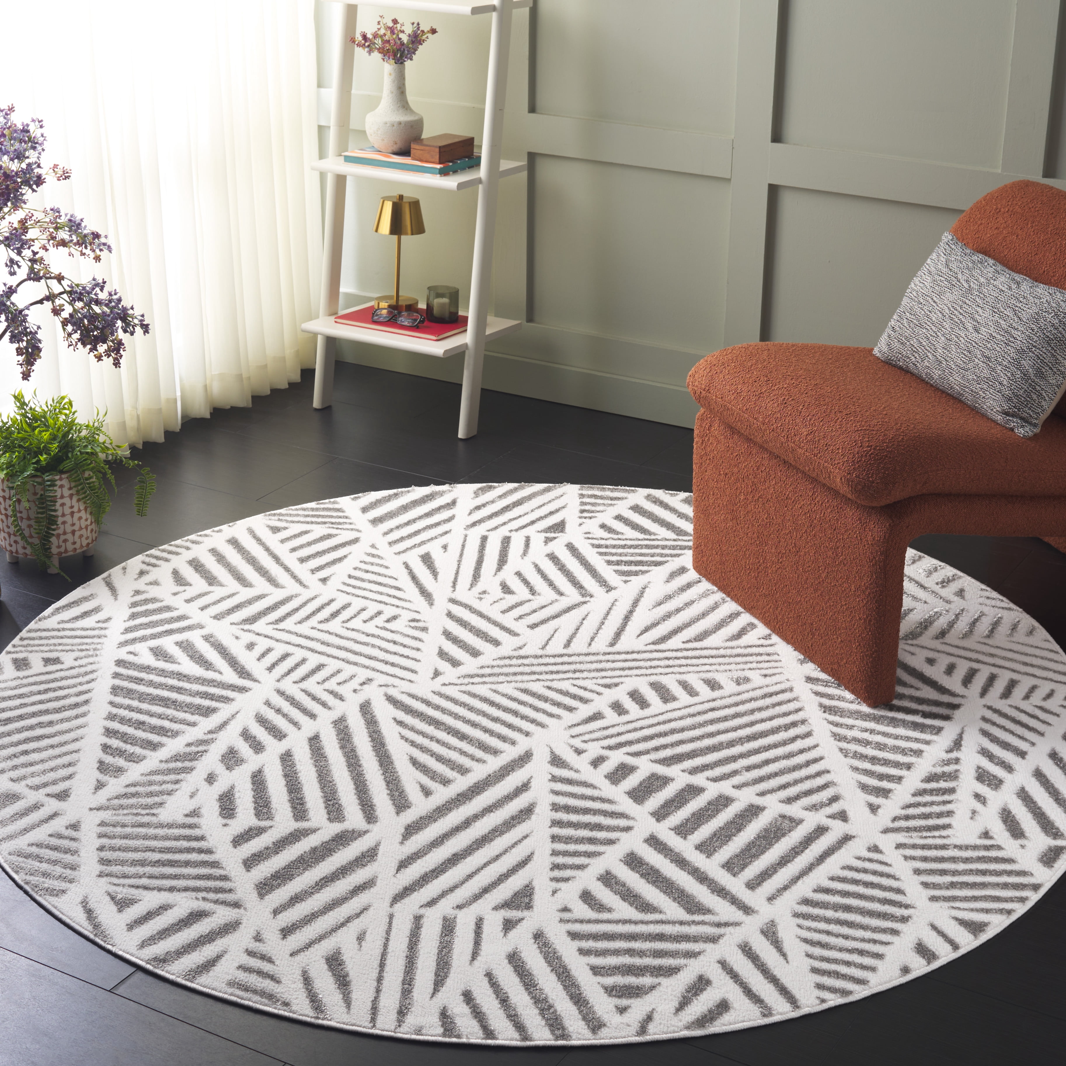 SAFAVIEH Maya Vaughn Geometric Area Rug, Ivory/Grey, 6'7" x 6'7" Round