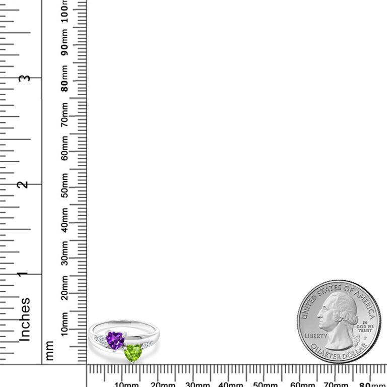 Sterling Silver Ring With Purple Amethyst, Green Peridot & Lab Diamond - 0.98 Ct Heart Shape Women's Ring Size 6