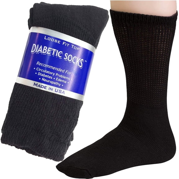 Creswell Soft 6 Pairs of Men's Black Diabetic Crew Socks 13-15 King Size Made in USA