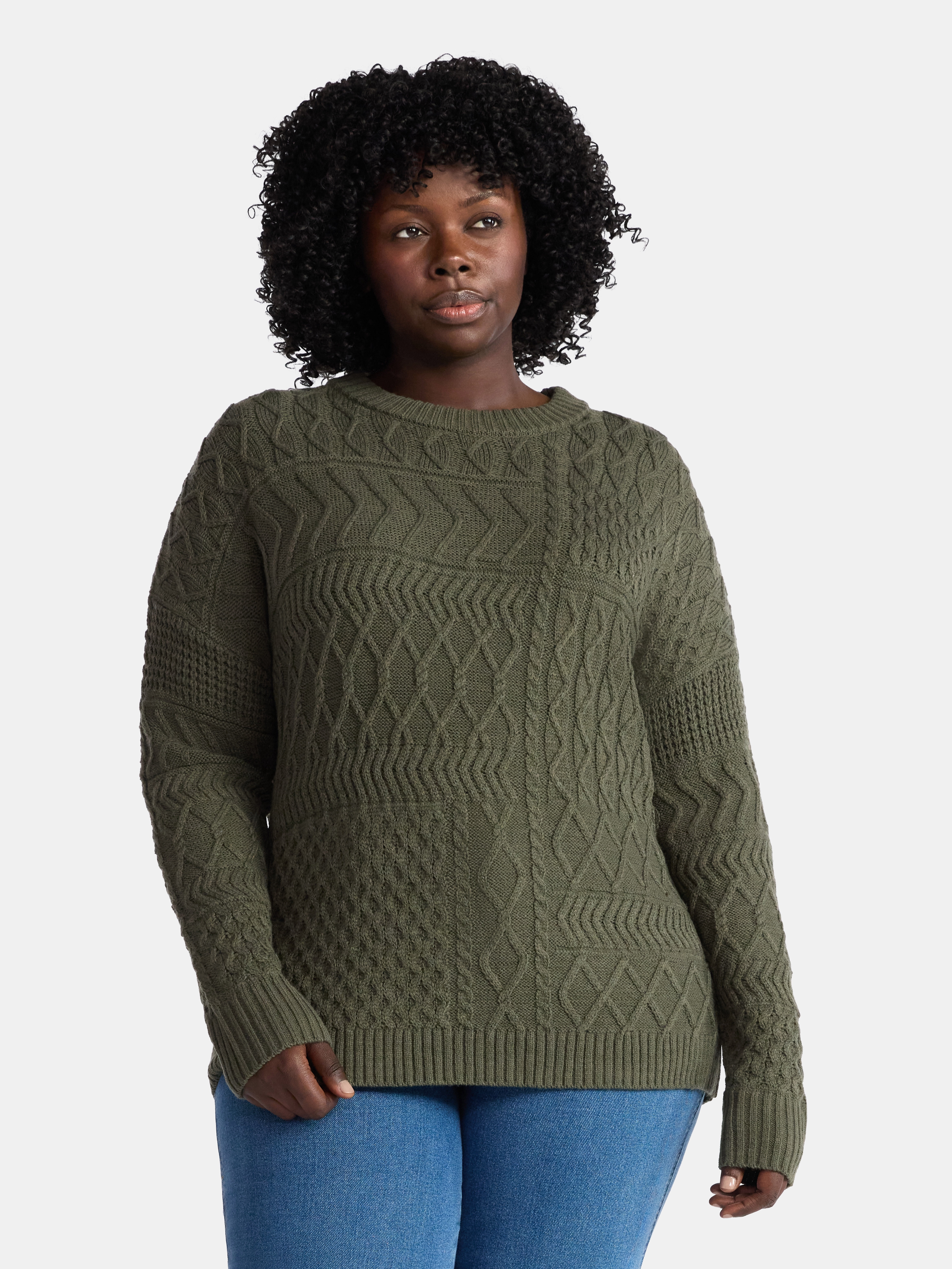 Time and Tru Women’s and Women’s Plus Mixed Stitch Sweater, Midweight, Sizes XS-4X