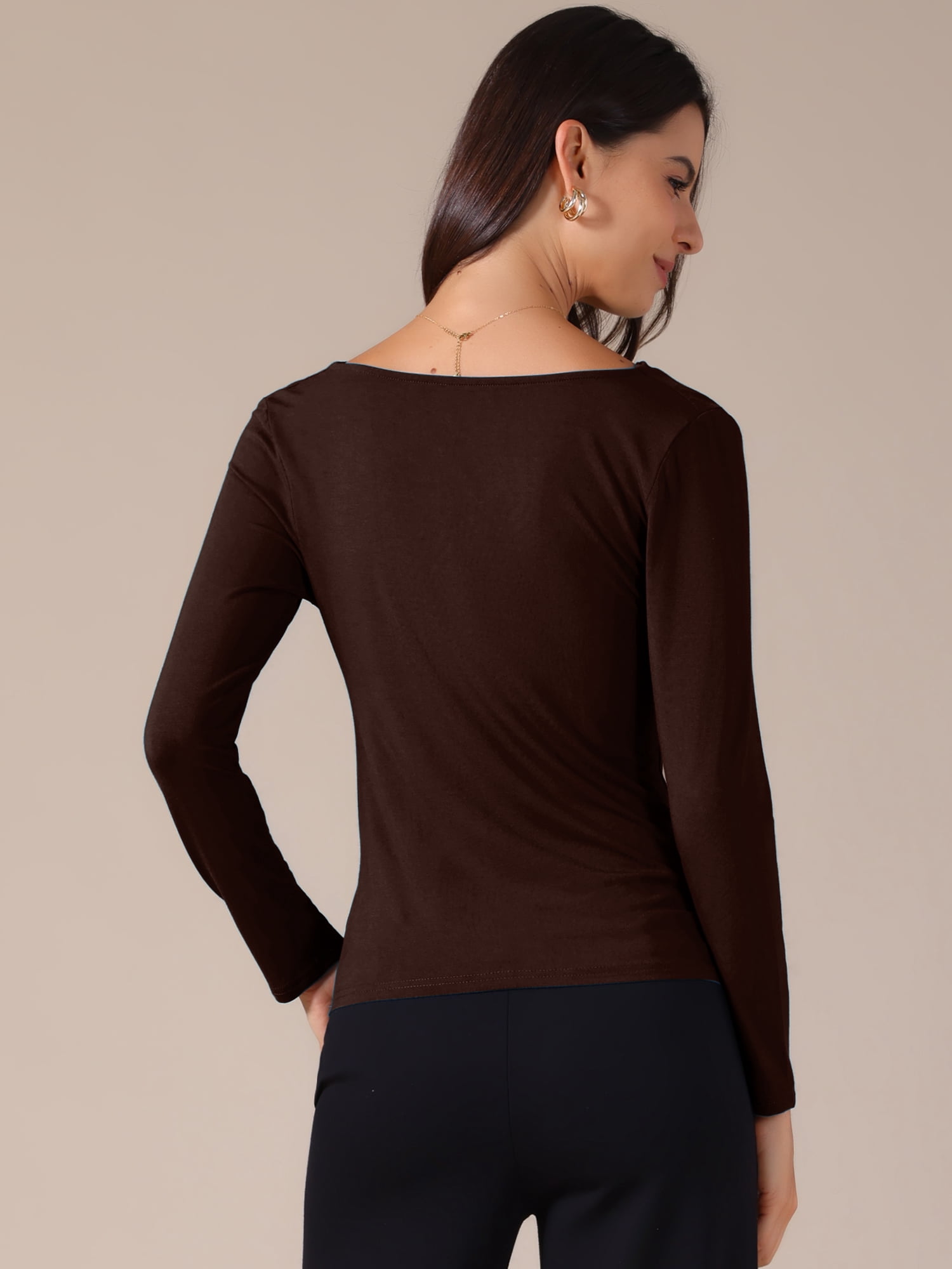DARING DIVA Women's Cowl Neck Long Sleeves Fitted Layering Soft T-Shirt M Coffee Brown