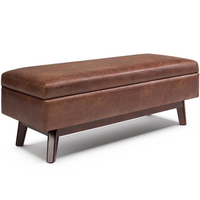 Simpli Home Owen 48" Faux Leather Mid Century Storage Ottoman in Saddle Brown