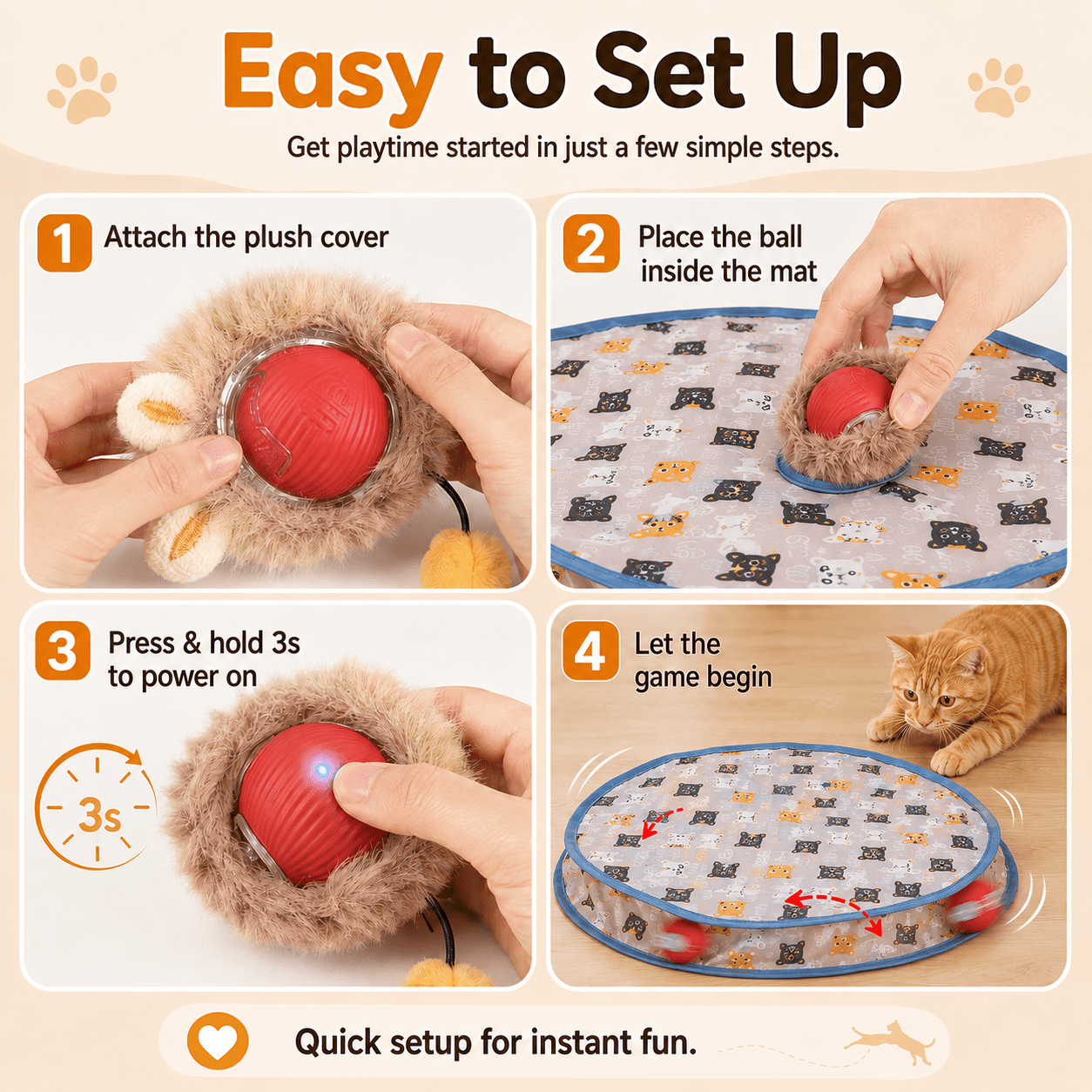 Meowball Mat, Interactive Cat Toy Fast Rolling Ball in Pouch Motion Activated Chirping for Indoor
