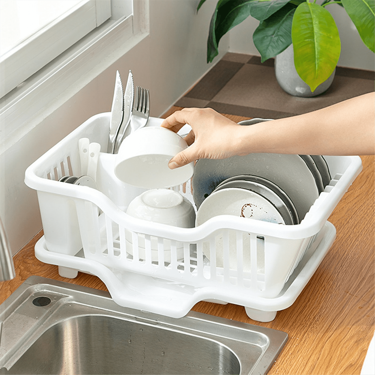 Dish Drying Rack-Dish Rack with Auto-Drain Organizer Rack Dish Rack and Drainaboard Set for Kitchen Counter Restaurant C