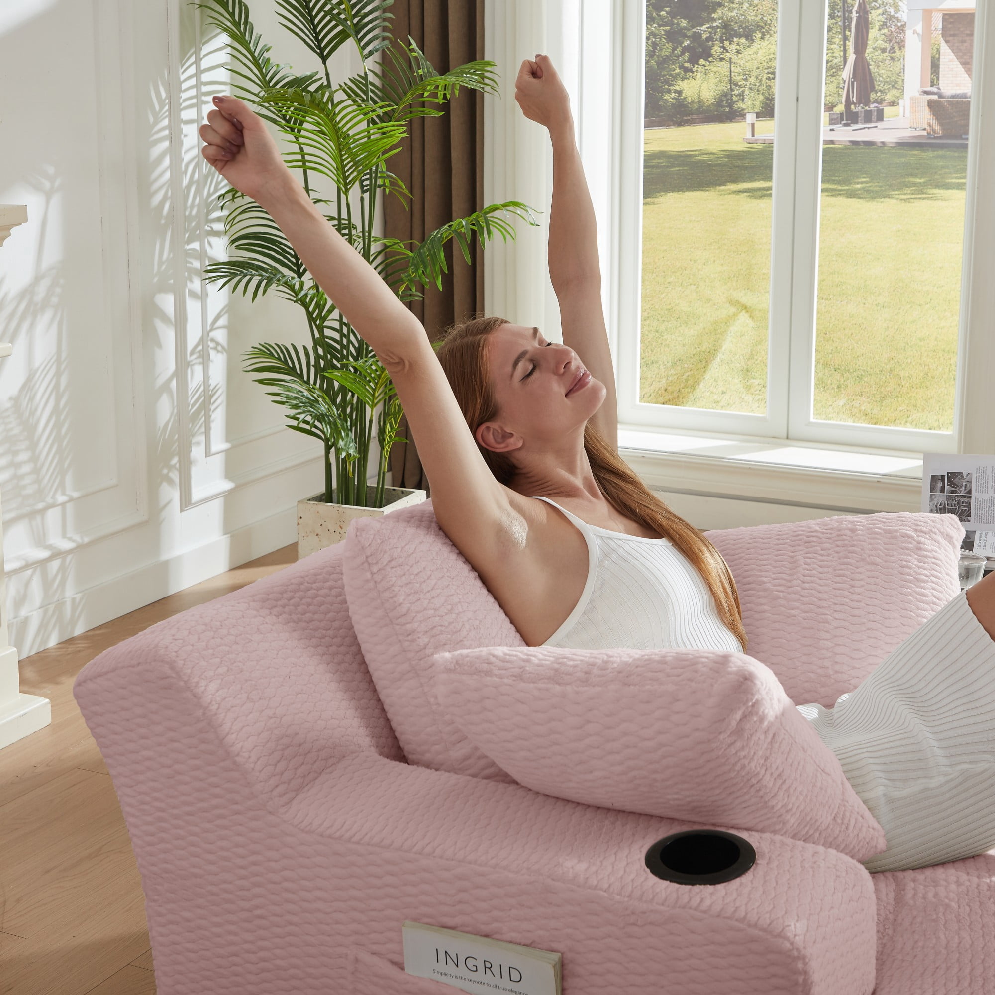 Aukfa Oversized Chaise Lounge Chair Indoor, 66" Boneless Sofa Couch with Cup Holders and 3Pillows for Living Room, Pink