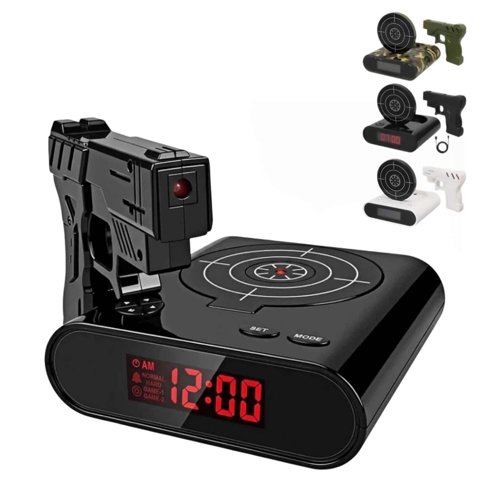 Gun and Target Alarm Clock with Large LED Display Laser Gun Shooting Alarm Clock for Bedroom Unique Alarm Clock