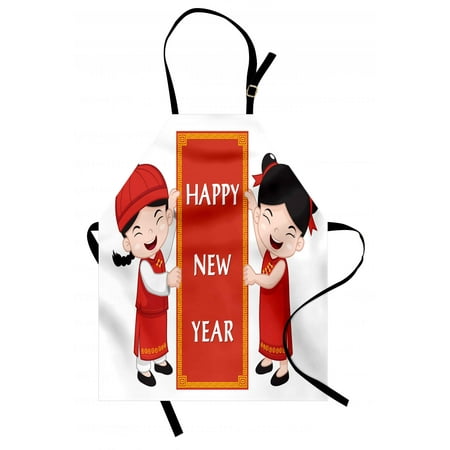 Chinese New Year Apron Cheerful Asian Children in Traditional Costumes Holding a Celebration Sign, Unisex Kitchen Bib Apron with Adjustable Neck for Cooking Baking Gardening, Multicolor, by