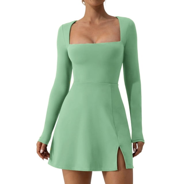 SUNSIOM Women Spring Summer Short Dress Solid Color Long Sleeve Square Neck Split Hem Party Dress