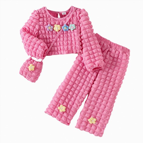 ZIXKCGDSE Girls 3 Piece Outfits Crewneck Crop Tops Pants and Flower Bag Trendy Clothes Set Size 5-6 Years