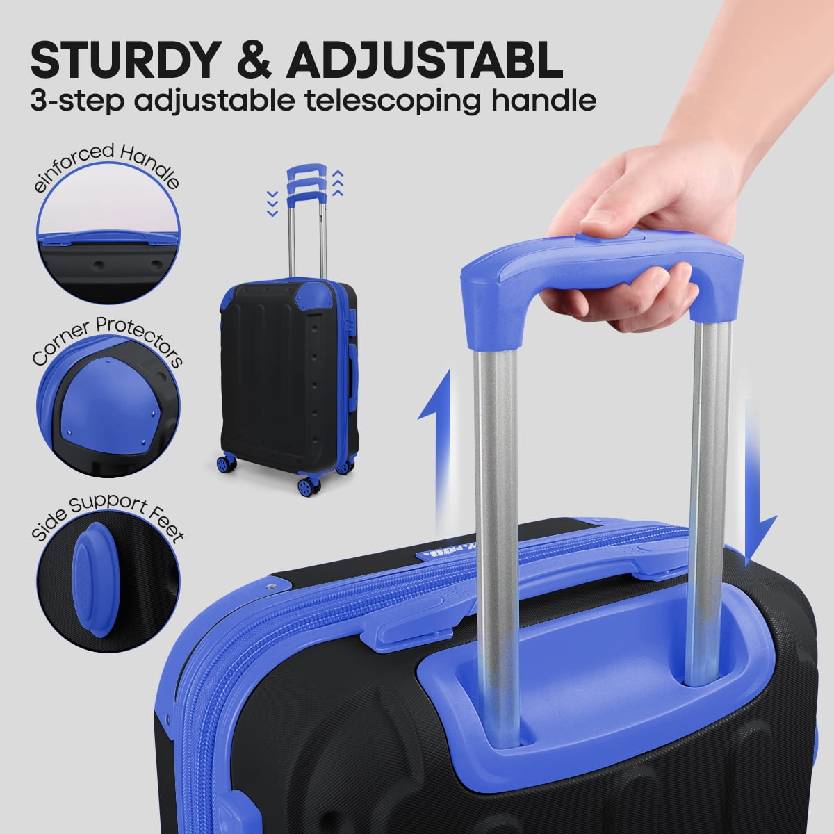 3 Piece Hardside Luggage Set, Expandable ABS Spinner Suitcases (20/24/28) – Lightweight & Scratch-Resistant Travel Luggage, Black/Blue -EL2401