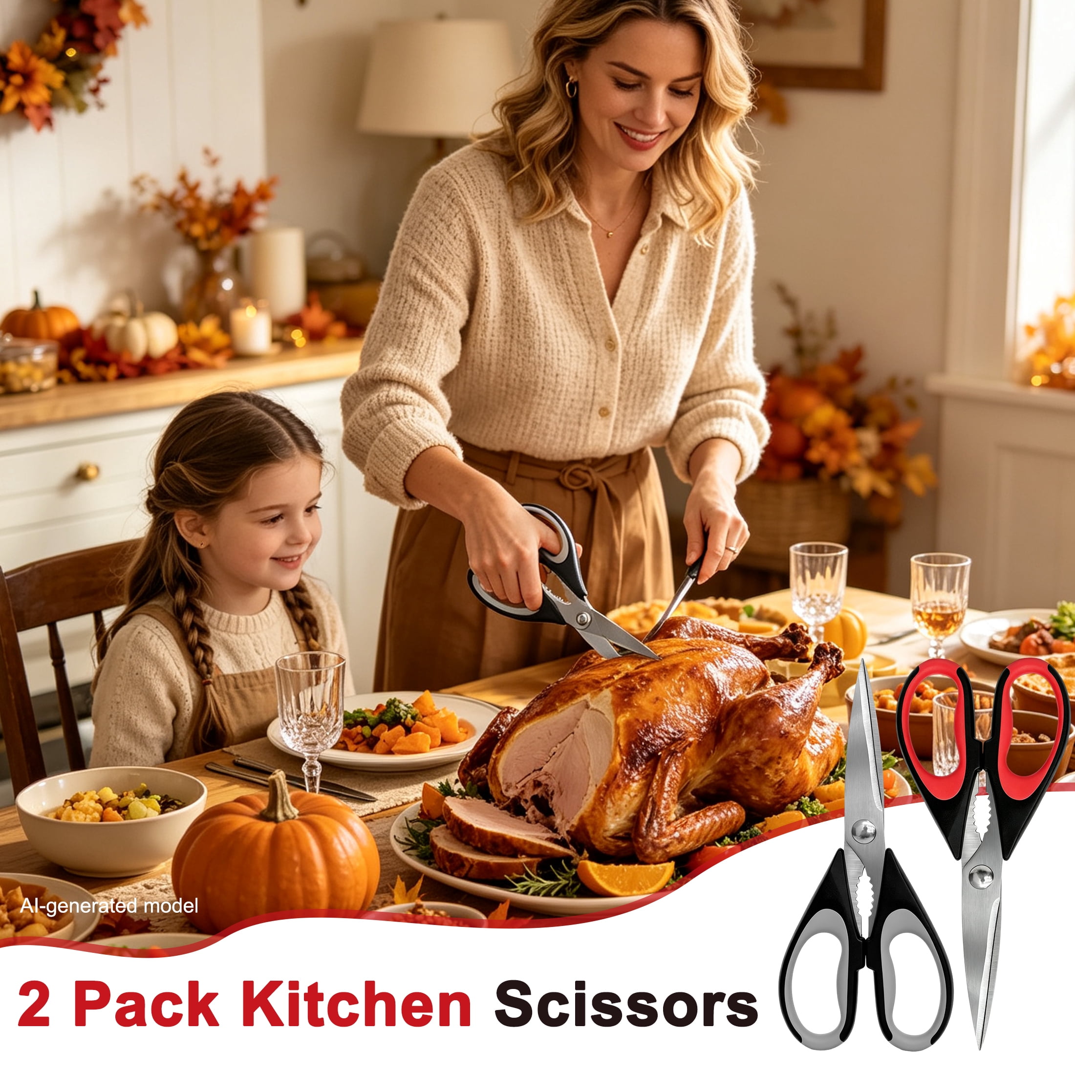 2 Pack Multi-Purpose Kitchen Scissors, Stainless Steel Heavy Duty Kitchen Cooking Shears with Bottle Opener, Soft Grip Food Prep Scissors for Food, Vegetables, Poultry, Herbs