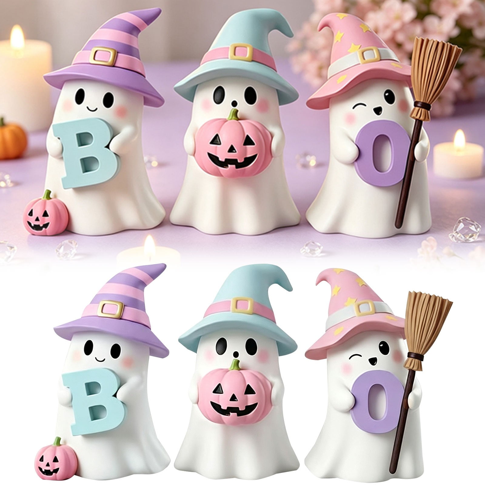 Cute Halloween Resin Figurines Witch‑Hat Pumpkin Desktop Statues Indoor Shelf Mantel Kid‑Friendly Home Holiday Decor