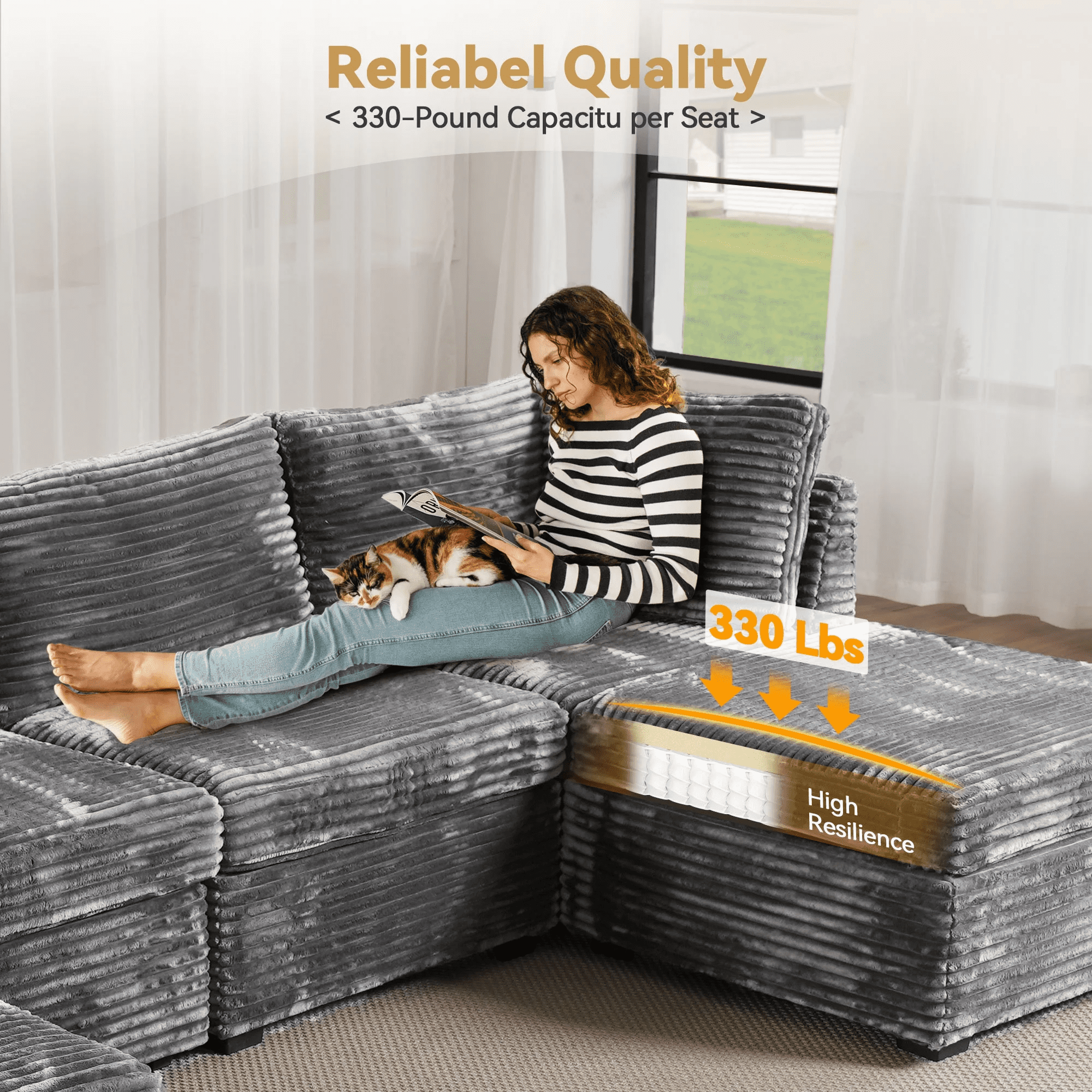 Vcatnet 130.7" Modular Sectional Sofa Cloud Couch Corduroy L Shaped Oversized Modern Minimalist Couch with Deep Seat for Living Room, 5 Seat, Gray