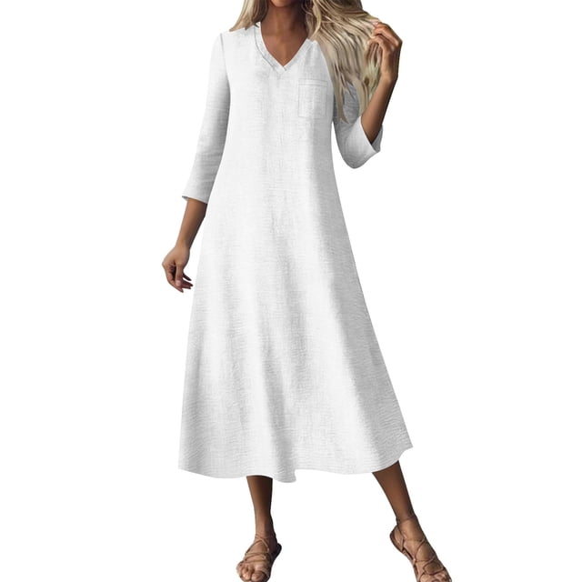 JGGSPWM Robe Maxi Décontractée en Coton pour Femmes Tendance Été Bohème Manches 3/4 Coton Lin Longue Robe Élégante Chic pour Femmes Blanc TTG