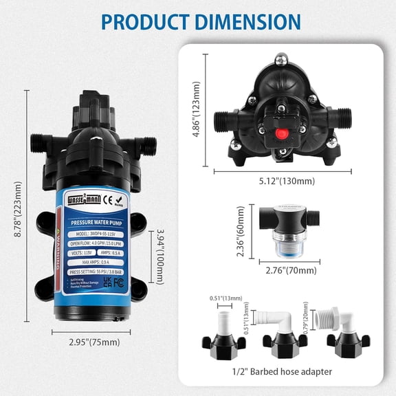 WASSERMANN Water Pressure Pump 115 Volt AC 4.0GPM 55PSI,Water Pump Self Priming Diaphragm Pump with Pressure Switch for Kitchen Bathroom Marine Yacht Garden