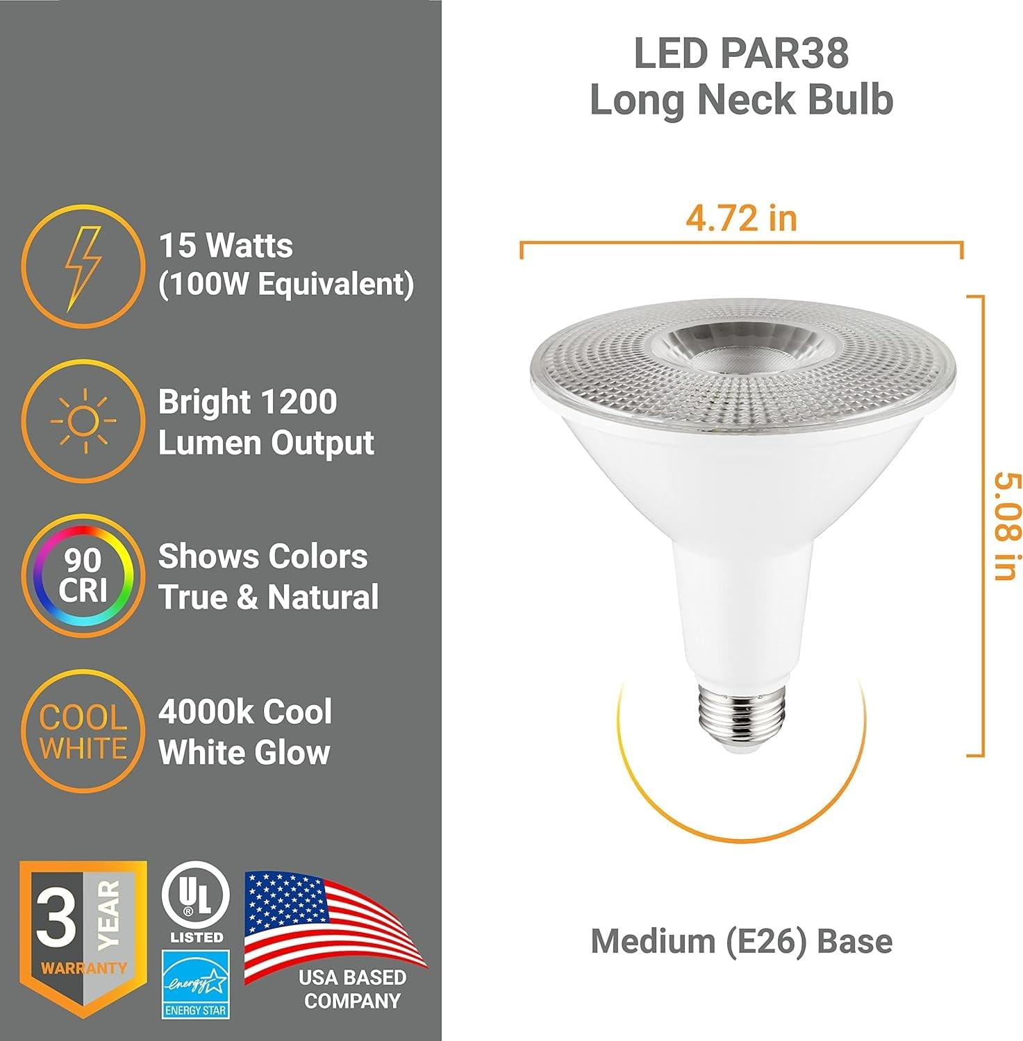 Diodesy- Pack of 6 PAR38/LED/15W/CRI90/40K PAR38 LED Flood Light Bulb, Long Neck Spotlight Bulb, 4000K Cool White, Dimmable, 15W (100W Halogen EQ), 1200LM, E26 Base Indoor and Outdoor Use, UL Listed
