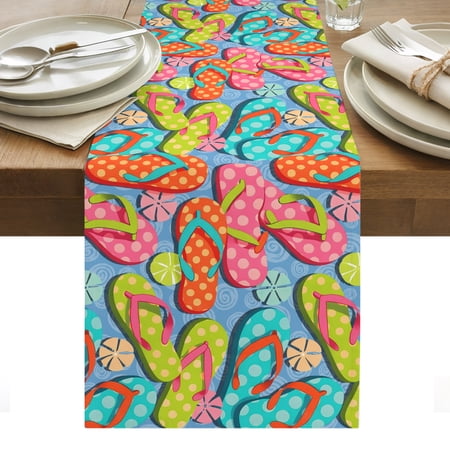 Summer Cotton Linen Table Runner Colorful Polka Dots Slippers Blue Background Modern Dining Table Runners for Home Decor Party Dining Room Restaurant Kitchen Party 13 x 120