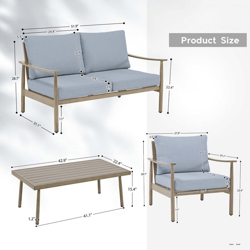 4-Piece Aluminum Patio Furniture Set, Rustproof Outdoor Conversation Set with Loveseat, Armchairs and Coffee Table