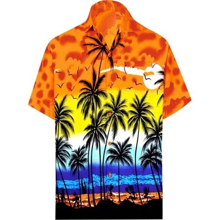 Palms Button - Hawaiian Shirt Mens Beach Aloha Camp Party Holiday Short Sleeve Button Up Down Palm Tree Print P