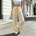 thumbnail image 6 of ZHYou No Boundarie Linen Pants for Women Wide Leg Drawstring Stretchy Waist Casual Loose Fit Lightweight Trousers with Pockets,Khaki,Size M, 6 of 6