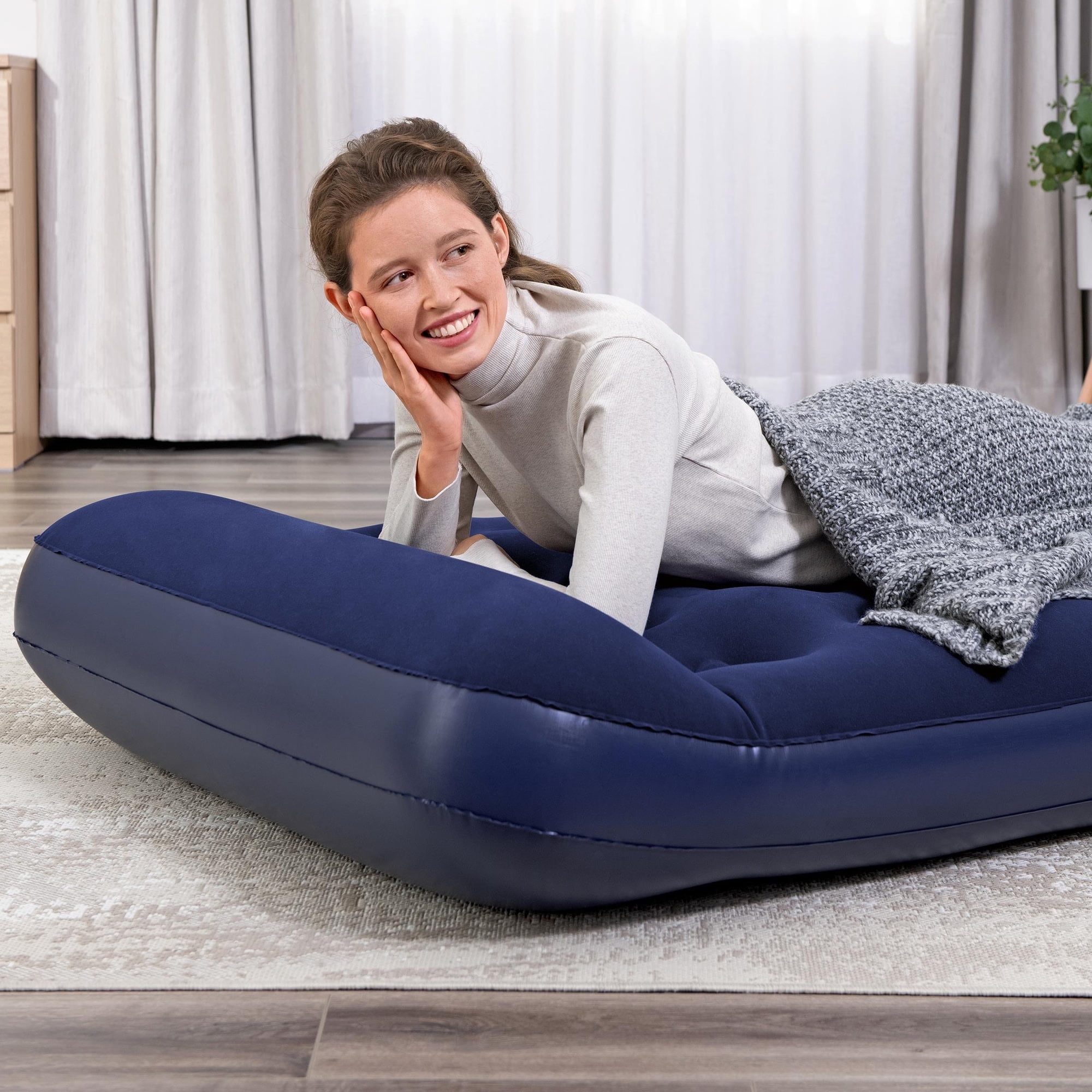 Bestway: Twin Flocked Air Bed - Blue, Inflatable Mattress, 74x39x11", Built-In Foot Pump & Pillow, Coil Beam Support Construction, Plush Top, Outdoor