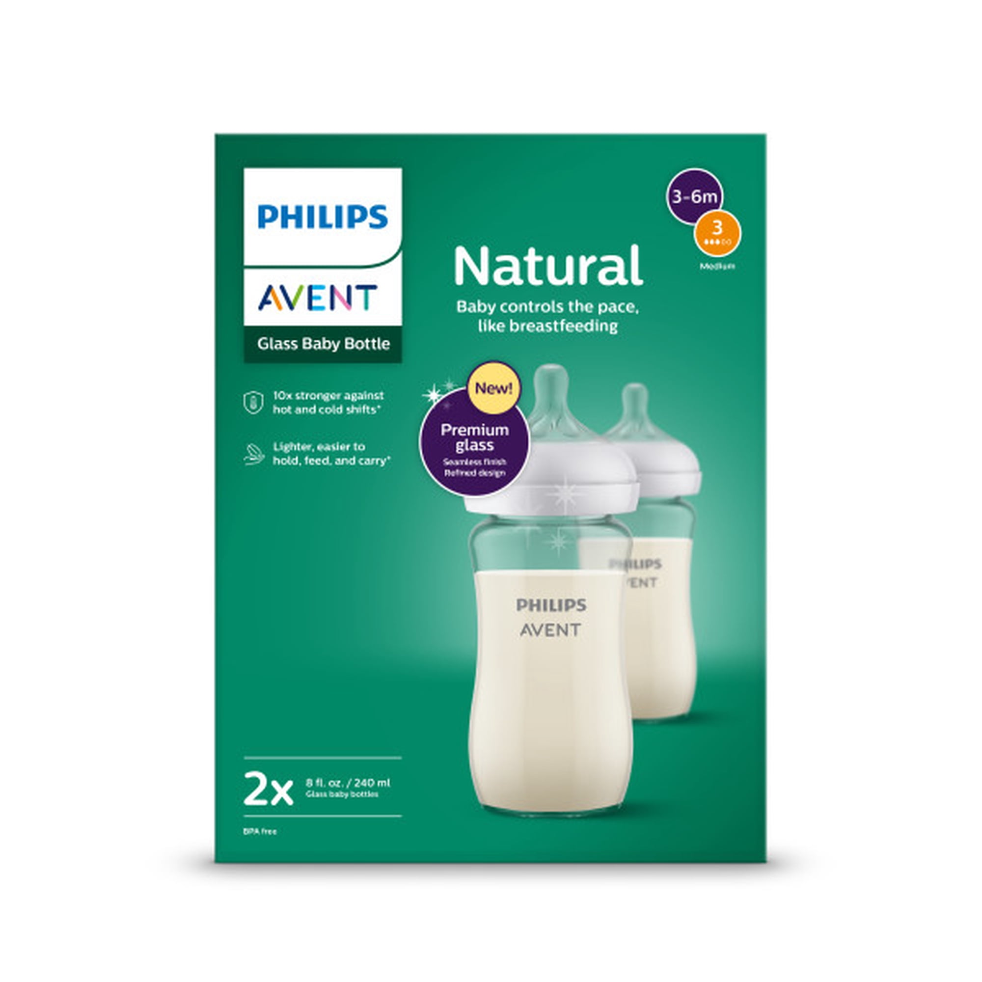Philips Avent Natural Glass Baby Bottles with Natural Response Nipples (Medium Flow, Flow 3), 8oz, 2-Pack, SCY916/02