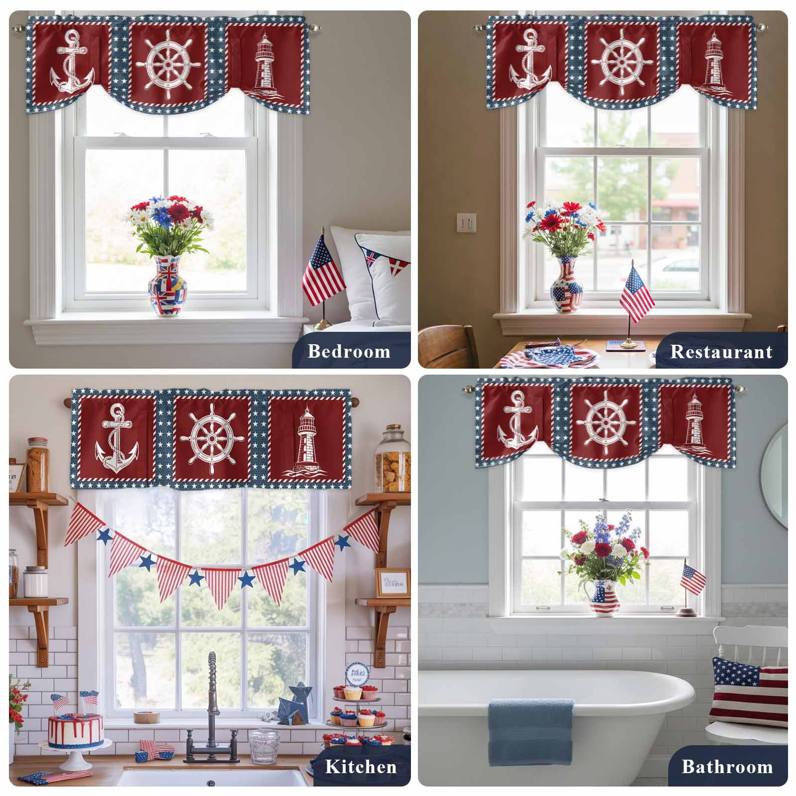 Independence Day Tie Up Valances Curtain, Adjustable Kitchen America Flag Star Ocean Lighthouse Anchor Rudder Valances for Windows Decor, Rod Pocket Short Curtains Set for Bedroom/Bathroom, 54"x18"