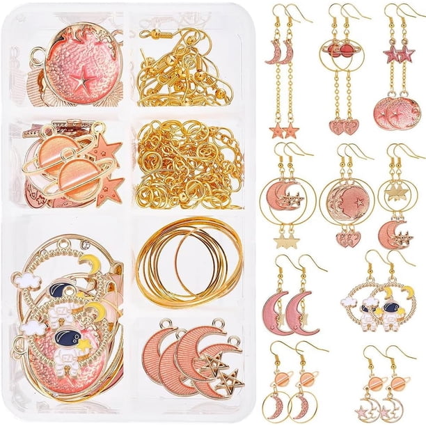 Kit de 10 pares de pendientes de luna y estrella esmaltados, con dijes de planeta, corazón y gato, color rosa, modernos, para mujer, no plegables.